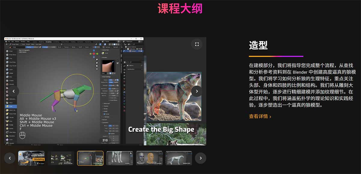 (中文配音+中文字幕)Blender超写实狼动物建模贴图毛发绑定动画全流程教程 VFX Grace – Blender Animal Full Tutorial