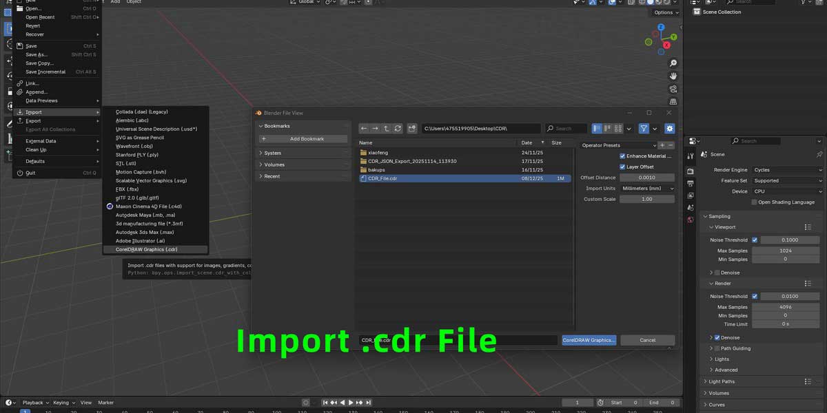 Blender一键导入CDR矢量插件 Import Coreldraw Graphics File v1.21