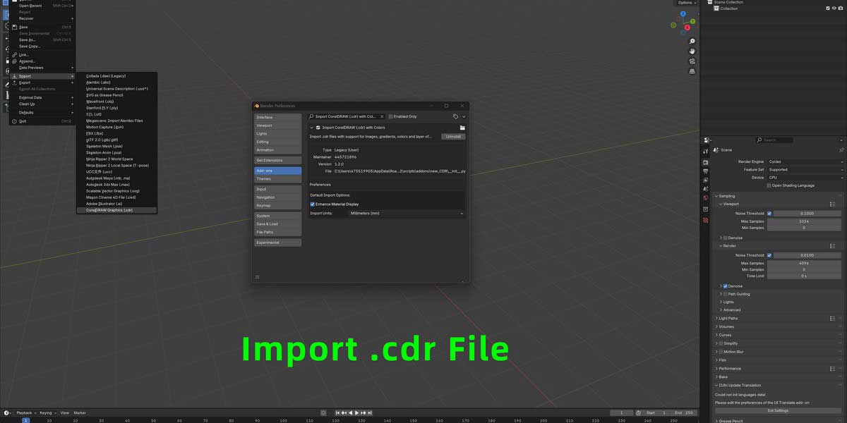 Blender一键导入CDR矢量插件 Import Coreldraw Graphics File v1.21