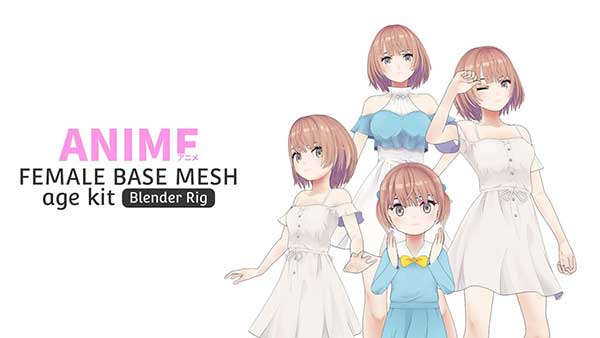 低多边形日系女性角色基础3D模型(Blender,FBX,OBJ) Anime Female Base Mesh Age Kit v1.1