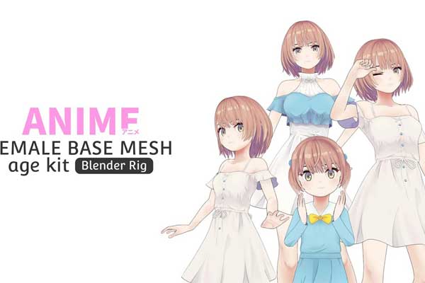 低多边形日系女性角色基础3D模型(Blender,FBX,OBJ) Anime Female Base Mesh Age Kit v1.1