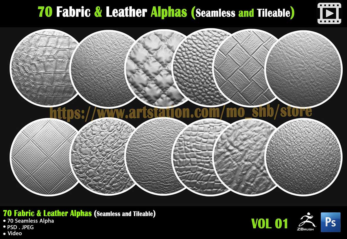 70组无缝可平铺Alpha织物皮革贴图纹理 70 Fabric & Leather Alphas