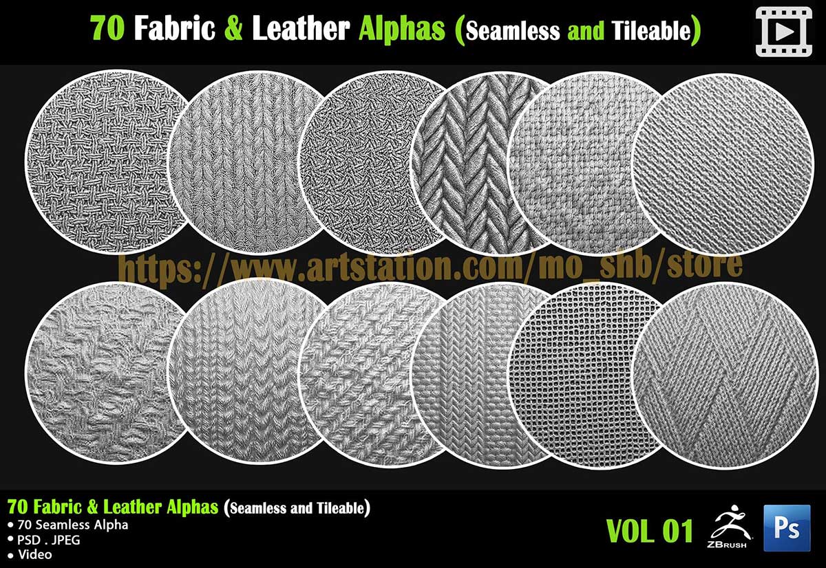 70组无缝可平铺Alpha织物皮革贴图纹理 70 Fabric & Leather Alphas