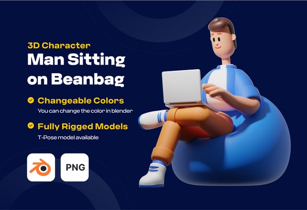 Blender沙发办公卡通人物3D插画模型素材 Man Sitting on Beanbag 3D illustration