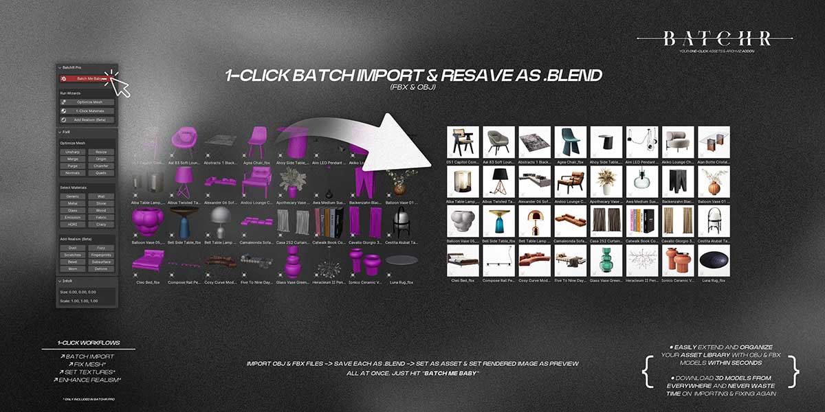 批量模型导入资产管理Blender插件 BatchR Pro v1.1