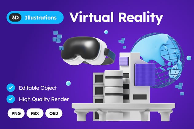 VR虚拟现实3D插画模型素材(OBJ,PNG) Virtual Reality 3D Illustration