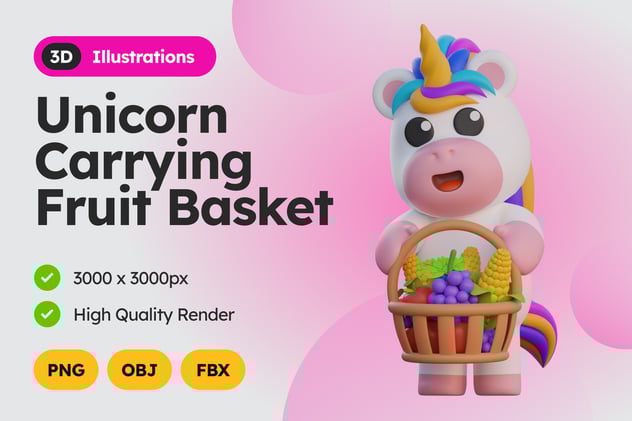 水果篮独角兽3D插画模型素材 Unicorn Carrying Fruit Basket 3D Illustration
