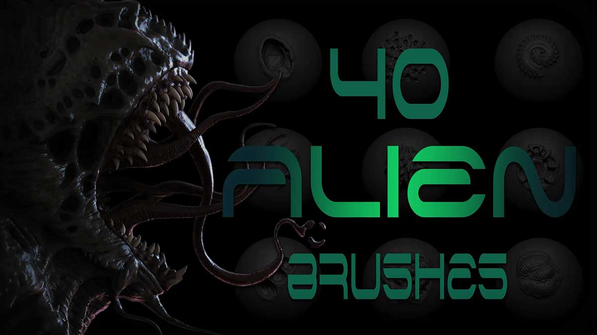 ZBrush/Blender40个外星生物异性角色细节雕刻VDM笔刷素材  40 Alien Brushes