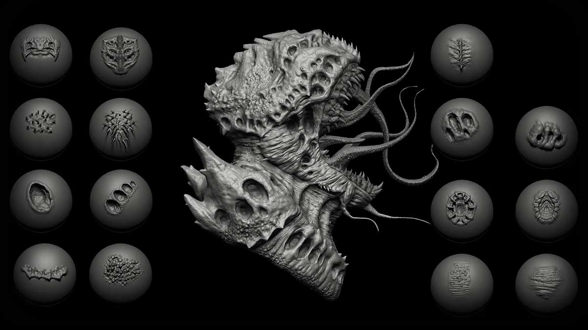 ZBrush/Blender40个外星生物异性角色细节雕刻VDM笔刷素材  40 Alien Brushes