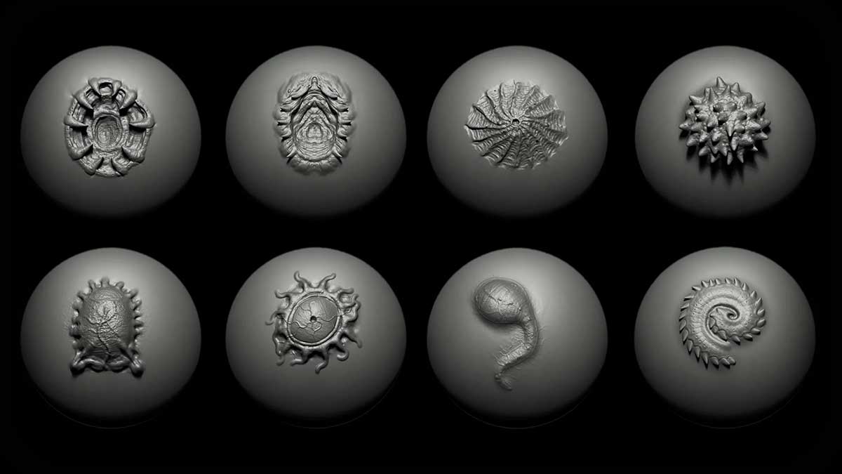 ZBrush/Blender40个外星生物异性角色细节雕刻VDM笔刷素材  40 Alien Brushes