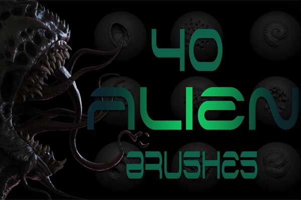 ZBrush/Blender40个外星生物异性角色细节雕刻VDM笔刷素材  40 Alien Brushes