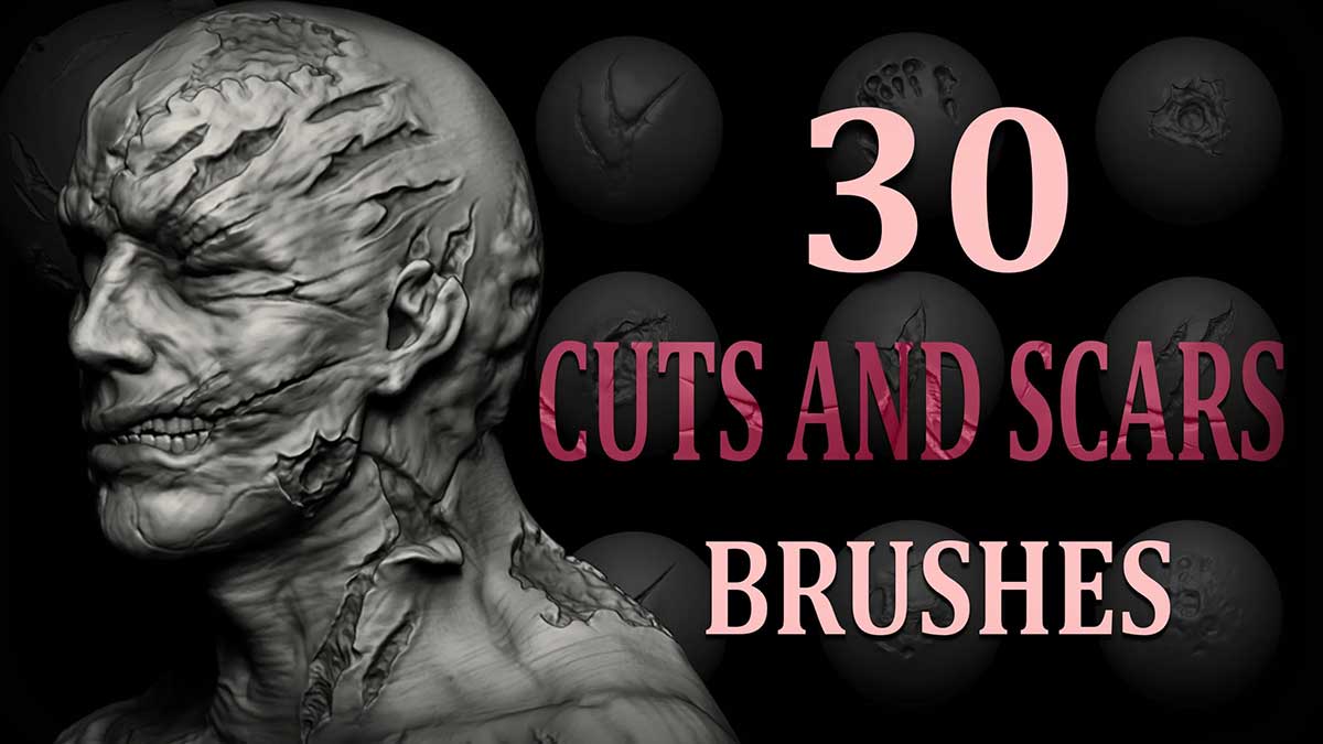 ZBrush/Blender皮肤伤口疤痕雕刻笔刷素材 30 Cuts and Scars Brushes
