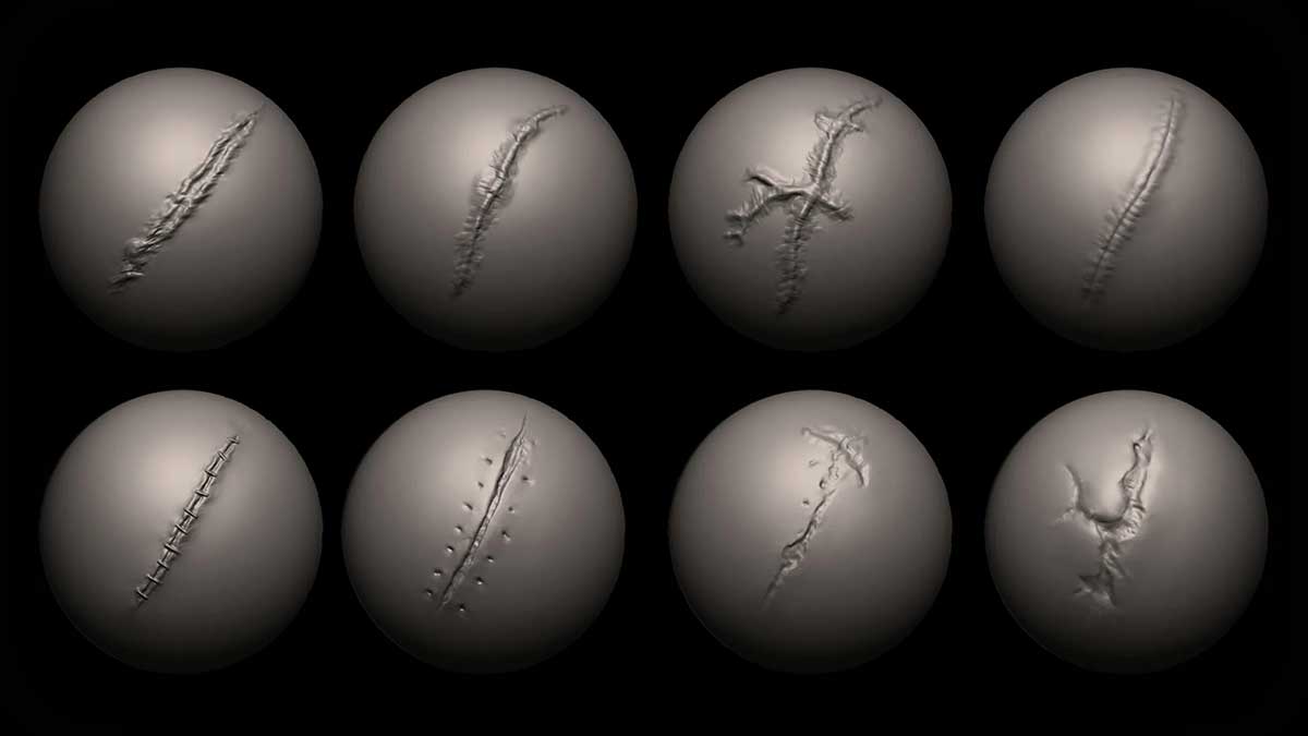 ZBrush/Blender皮肤伤口疤痕雕刻笔刷素材 30 Cuts and Scars Brushes