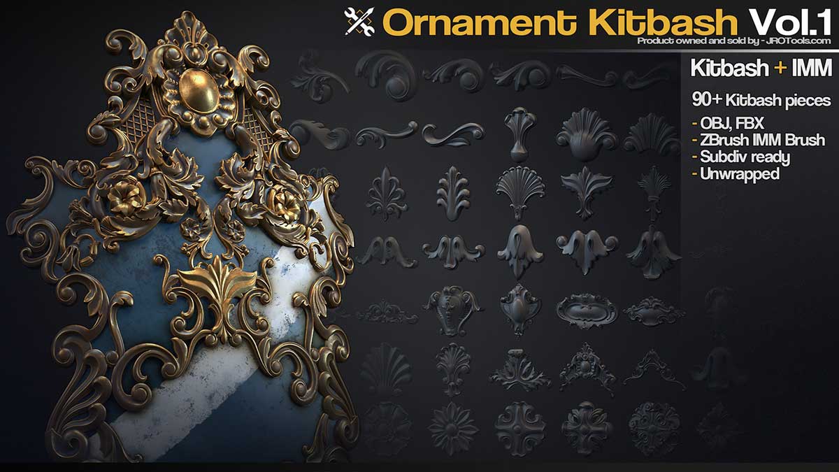 94组高精度雕刻装饰纹样模型3D模型下载(FBX,OBJ,ZBP) Ornament Kitbash Vol.1