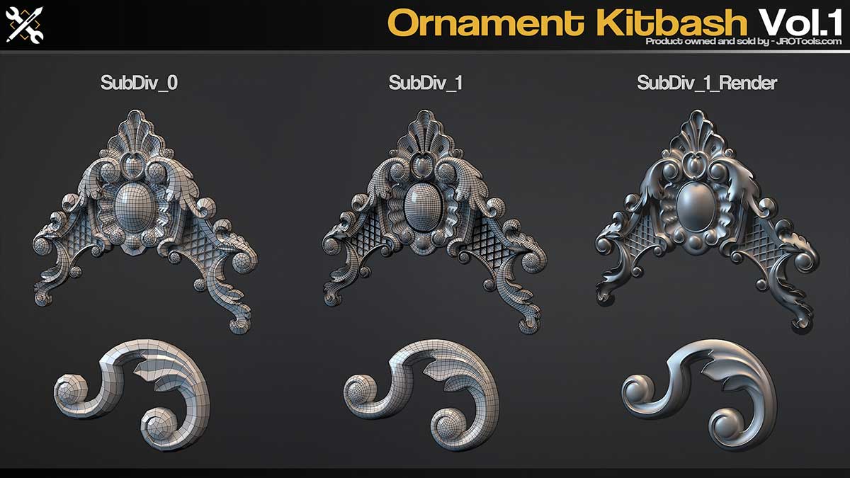 94组高精度雕刻装饰纹样模型3D模型下载(FBX,OBJ,ZBP) Ornament Kitbash Vol.1