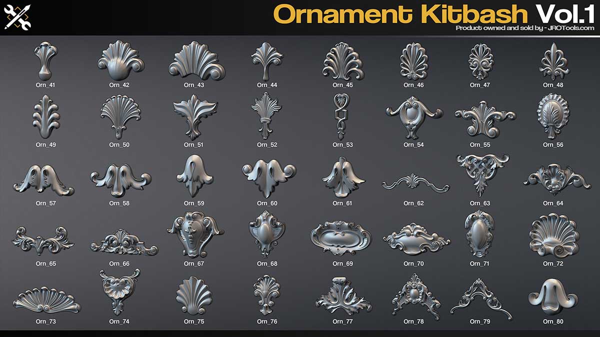 94组高精度雕刻装饰纹样模型3D模型下载(FBX,OBJ,ZBP) Ornament Kitbash Vol.1