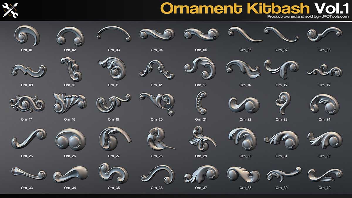 94组高精度雕刻装饰纹样模型3D模型下载(FBX,OBJ,ZBP) Ornament Kitbash Vol.1