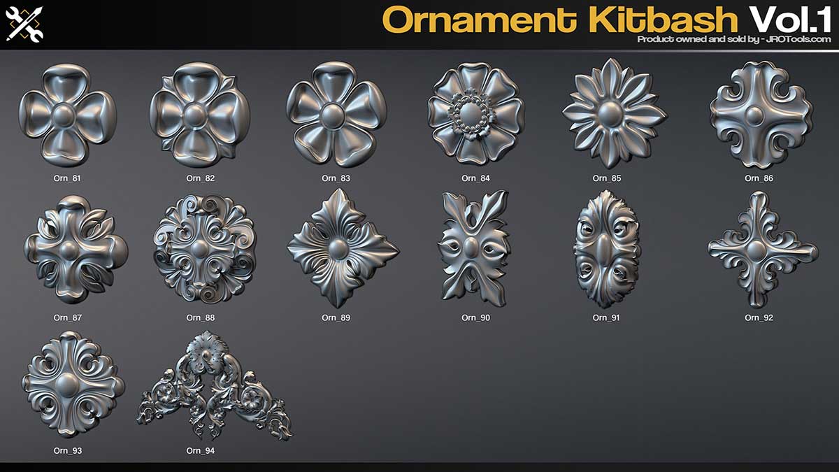 94组高精度雕刻装饰纹样模型3D模型下载(FBX,OBJ,ZBP) Ornament Kitbash Vol.1