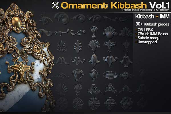 94组高精度雕刻装饰纹样模型3D模型下载(FBX,OBJ,ZBP) Ornament Kitbash Vol.1