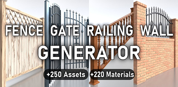 Blender围栏大门栏杆墙壁3D模型资产下载 Fence, Gate, Railing & Wall Generator V1.1