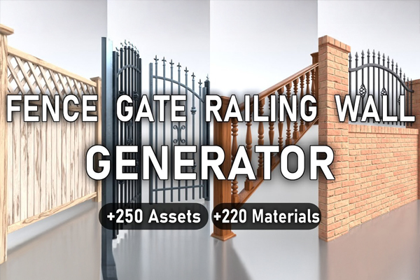 Blender围栏大门栏杆墙壁3D模型资产下载 Fence, Gate, Railing & Wall Generator V1.1