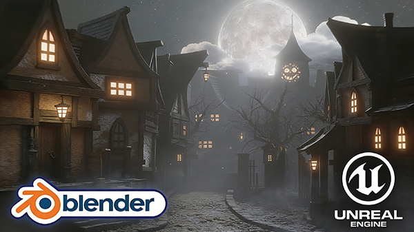 Blender5+UE5.7制作电影级幽灵鬼街大型游戏恐怖建筑场景视频教程(中英字幕)  Blender 5 & UE5.7: Stylized Haunted Street Kit