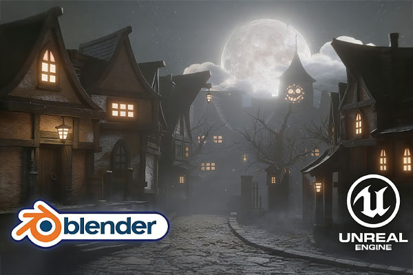 Blender5+UE5.7制作电影级幽灵鬼街大型游戏恐怖建筑场景视频教程(中英字幕)  Blender 5 & UE5.7: Stylized Haunted Street Kit