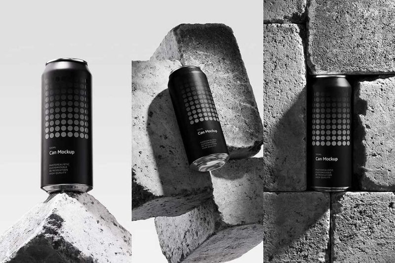 3款混凝土背景易拉罐包装设计效果PSD样机素材 500ml Can Mockup | Brick Scene