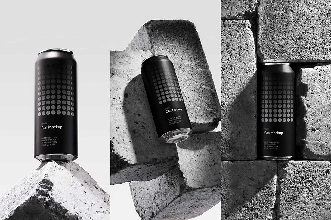 3款混凝土背景易拉罐包装设计效果PSD样机素材 500ml Can Mockup | Brick Scene