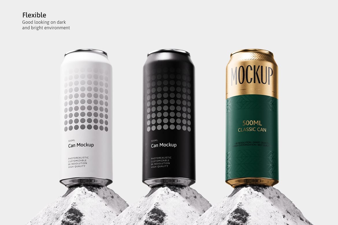 3款混凝土背景易拉罐包装设计效果PSD样机素材 500ml Can Mockup | Brick Scene