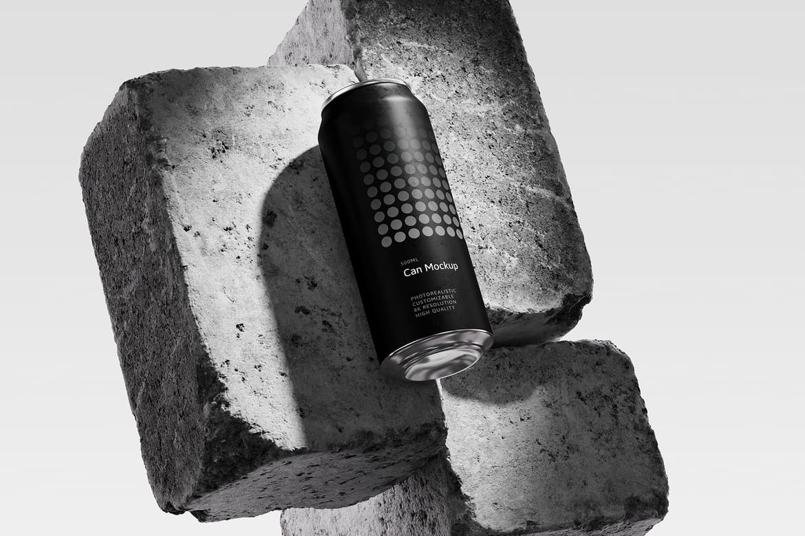 3款混凝土背景易拉罐包装设计效果PSD样机素材 500ml Can Mockup | Brick Scene