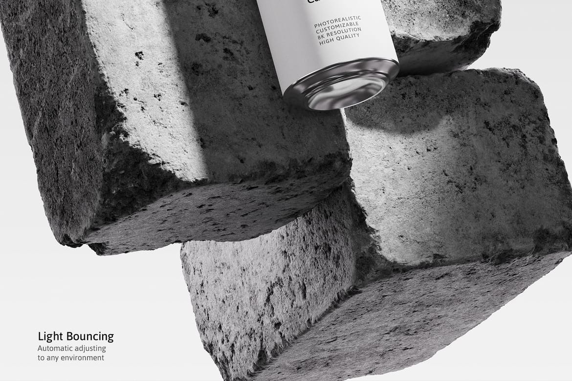 3款混凝土背景易拉罐包装设计效果PSD样机素材 500ml Can Mockup | Brick Scene