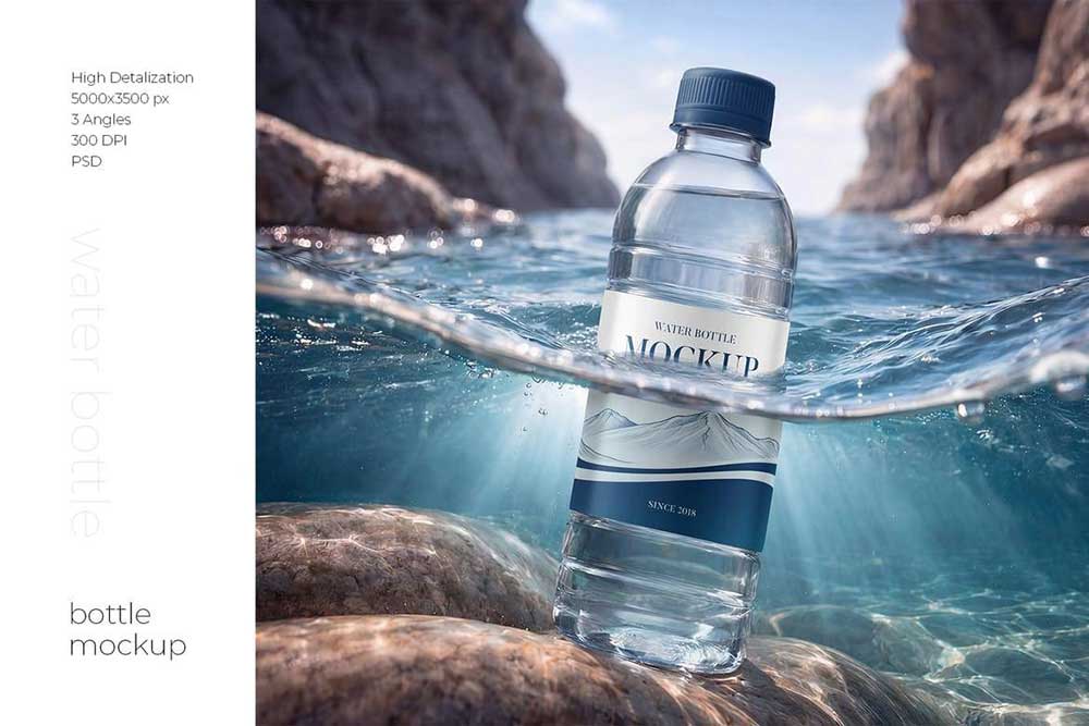 3款矿泉水塑料瓶贴纸设计效果样机PSD素材 Clear Plastic Water Bottle Mockup Set
