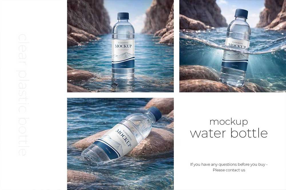 3款矿泉水塑料瓶贴纸设计效果样机PSD素材 Clear Plastic Water Bottle Mockup Set