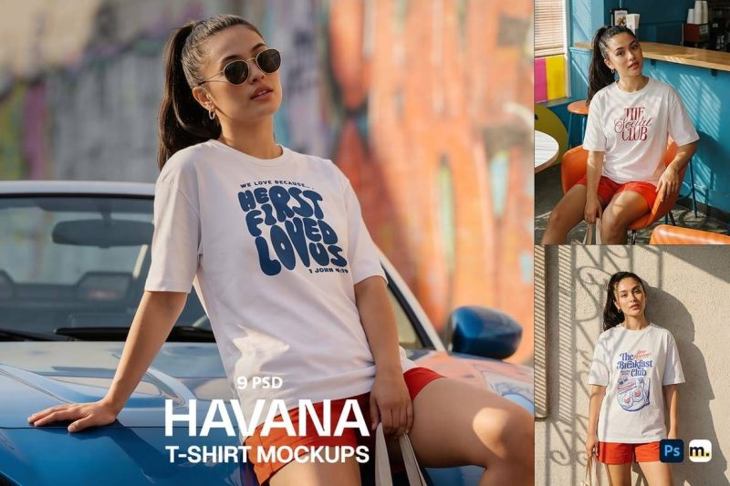 9套国外模特女款短袖T恤Logo印花展示样机PSD素材 Havana T-Shirt Mockups