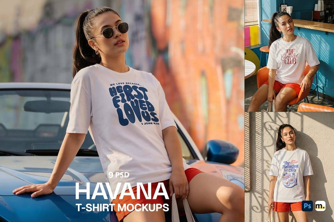 9套国外模特女款短袖T恤Logo印花展示样机PSD素材 Havana T-Shirt Mockups