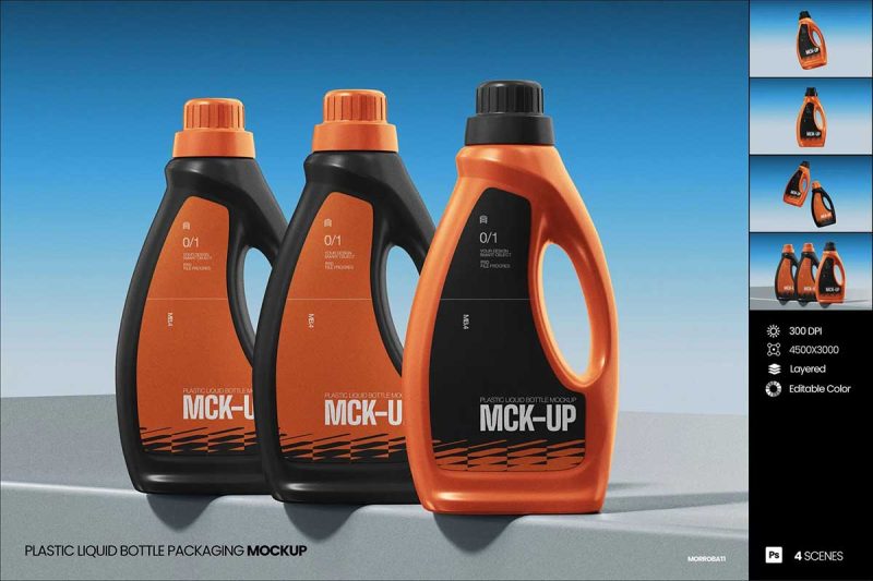 4种机油润滑油洗衣液塑料包装瓶设计效果样机PSD素材 Plastic Liquid Bottle Packaging Mockup