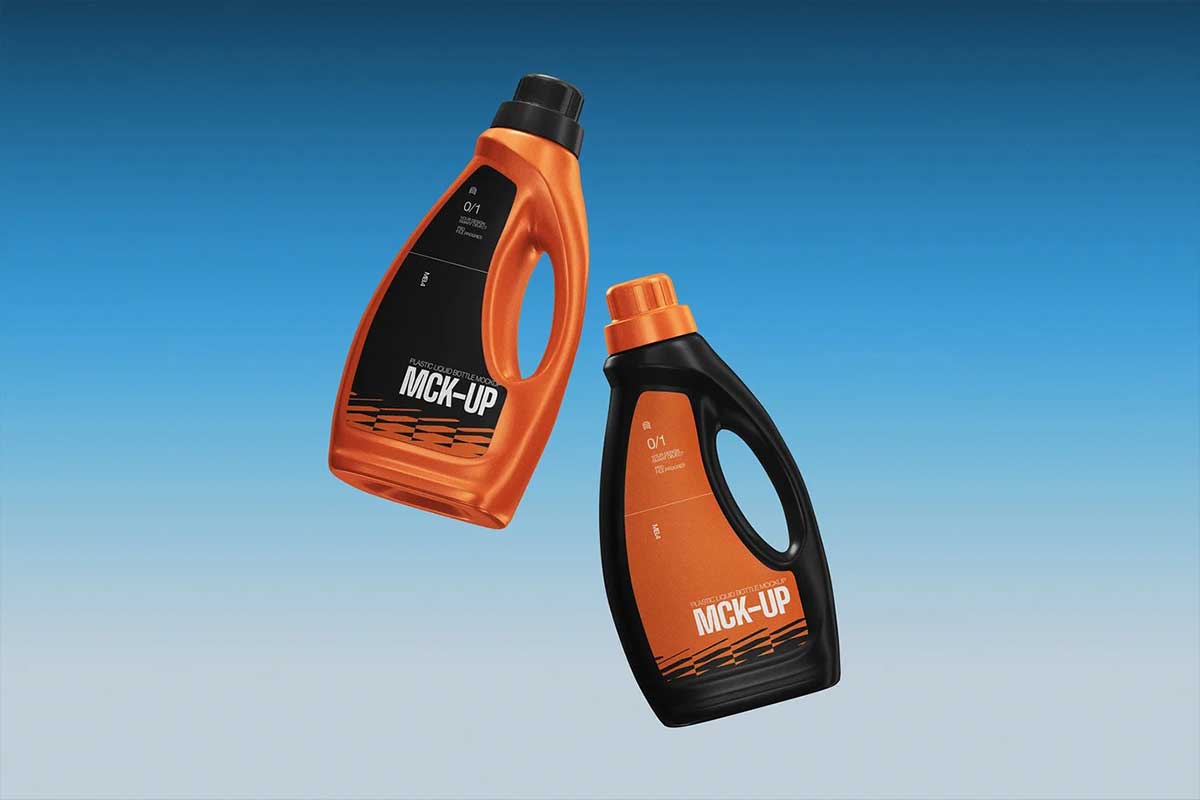 4种机油润滑油洗衣液塑料包装瓶设计效果样机PSD素材 Plastic Liquid Bottle Packaging Mockup