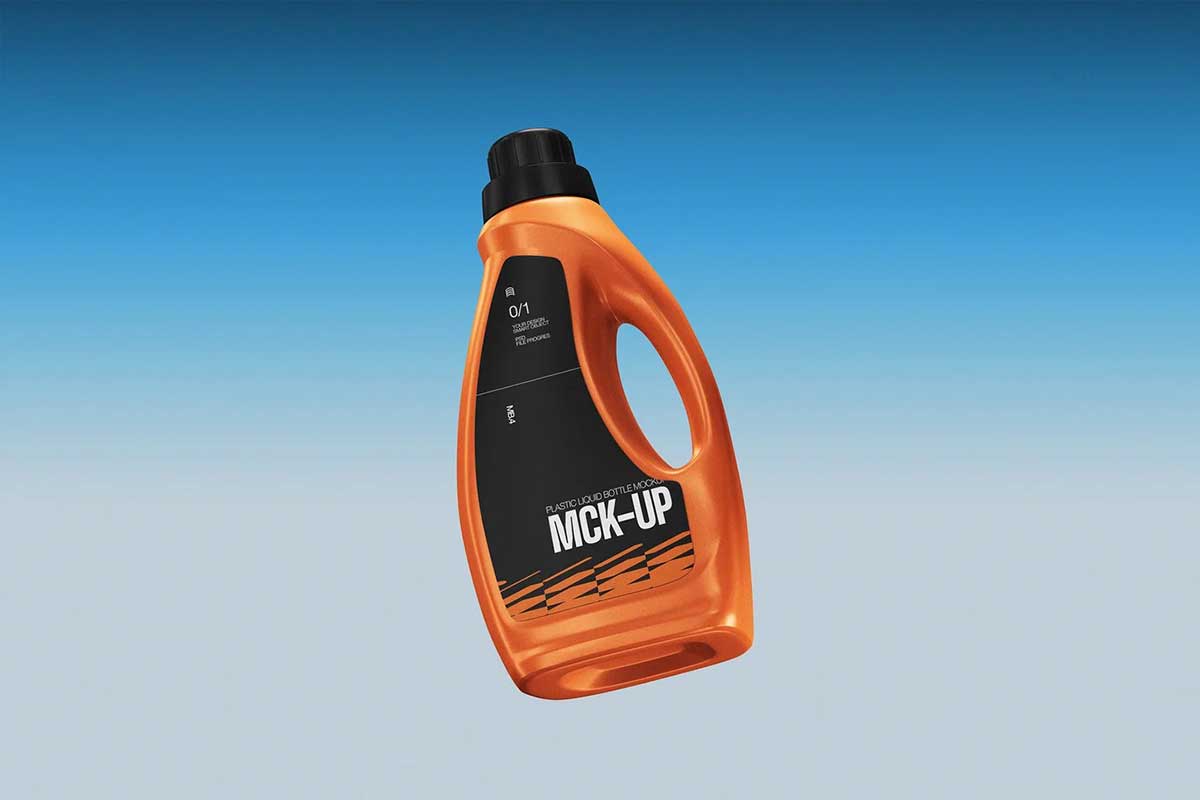 4种机油润滑油洗衣液塑料包装瓶设计效果样机PSD素材 Plastic Liquid Bottle Packaging Mockup