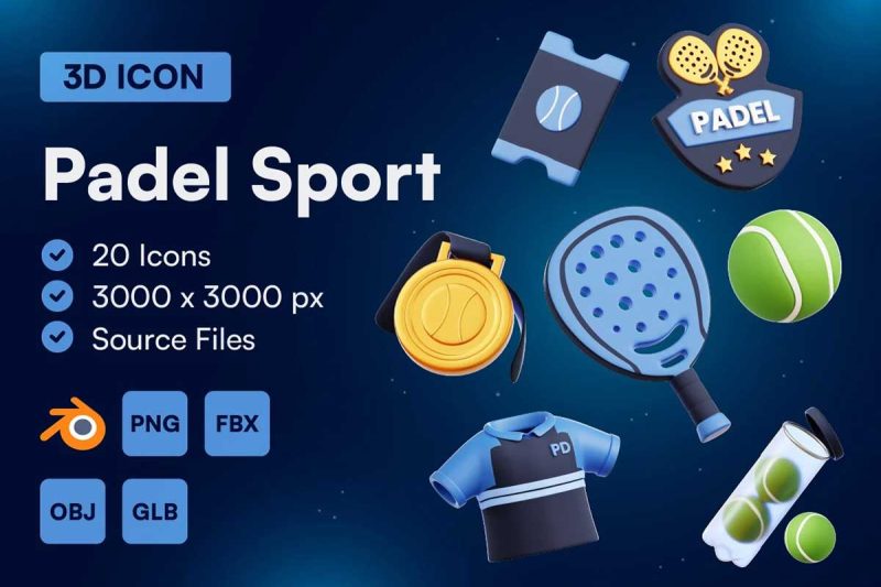 20种Blender卡通网球运动赛事主题3D图标模型素材(Blender,FBX/OBJ,PNG) Padel Sport 3D Icon Set
