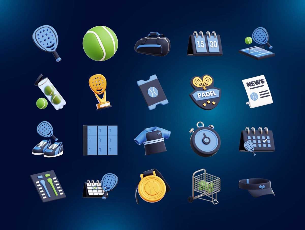 20种Blender卡通网球运动赛事主题3D图标模型素材(Blender,FBX/OBJ,PNG) Padel Sport 3D Icon Set