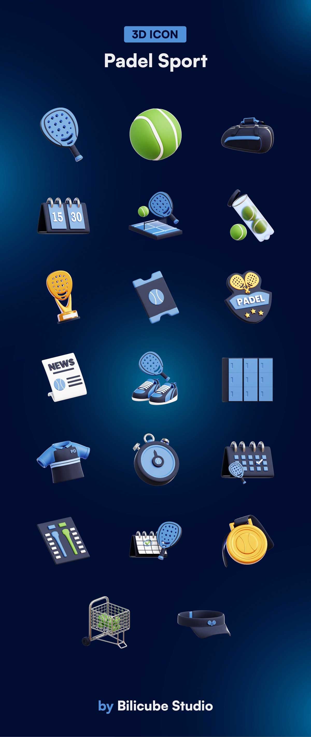20种Blender卡通网球运动赛事主题3D图标模型素材(Blender,FBX/OBJ,PNG) Padel Sport 3D Icon Set