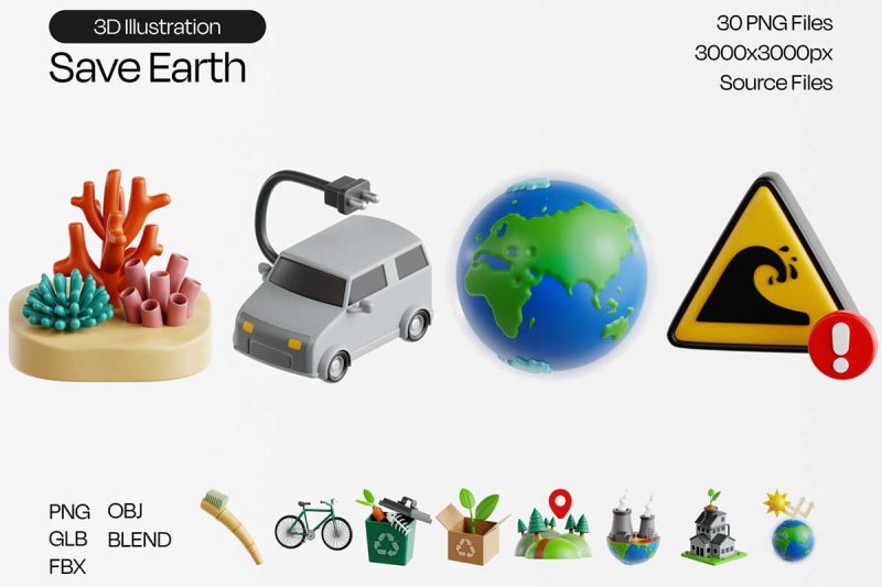 卡通绿色环保拯救地球主题3D图标模型素材(Blender,FBX/OBJ,PNG) Save Earth 3D Icon Set