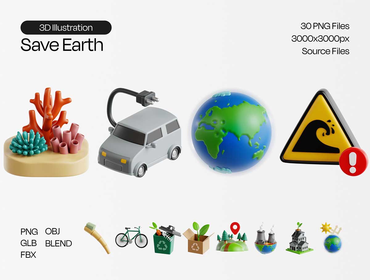 卡通绿色环保拯救地球主题3D图标模型素材(Blender,FBX/OBJ,PNG) Save Earth 3D Icon Set