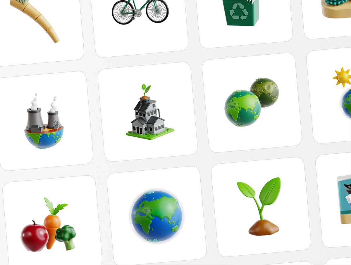 卡通绿色环保拯救地球主题3D图标模型素材(Blender,FBX/OBJ,PNG) Save Earth 3D Icon Set