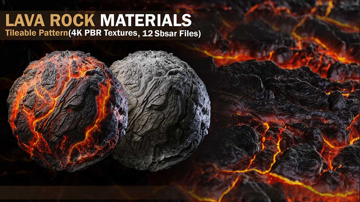 6种4K岩浆熔岩PBR贴图材质火山熔岩材质贴图(PNG,sbsar) 6 LAVA ROCK MATERIALS