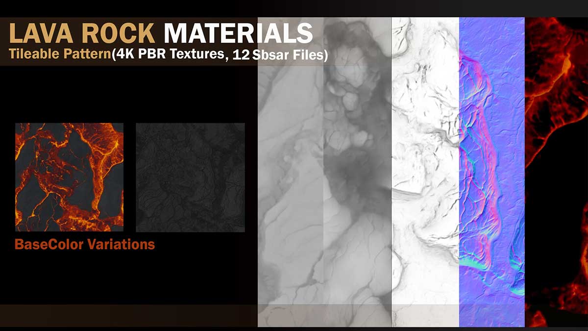 6种4K岩浆熔岩PBR贴图材质火山熔岩材质贴图(PNG,sbsar) 6 LAVA ROCK MATERIALS