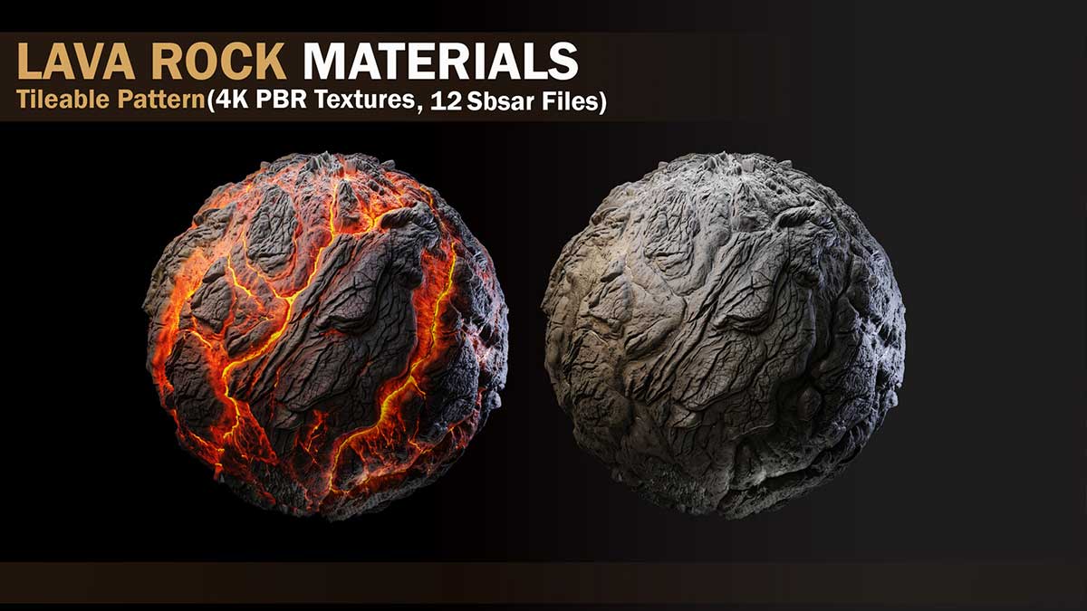 6种4K岩浆熔岩PBR贴图材质火山熔岩材质贴图(PNG,sbsar) 6 LAVA ROCK MATERIALS