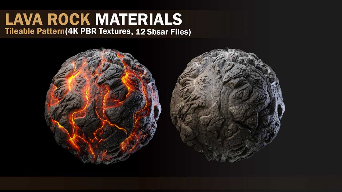 6种4K岩浆熔岩PBR贴图材质火山熔岩材质贴图(PNG,sbsar) 6 LAVA ROCK MATERIALS