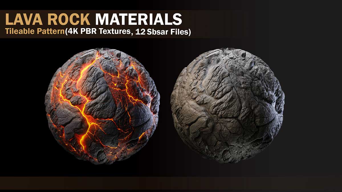 6种4K岩浆熔岩PBR贴图材质火山熔岩材质贴图(PNG,sbsar) 6 LAVA ROCK MATERIALS